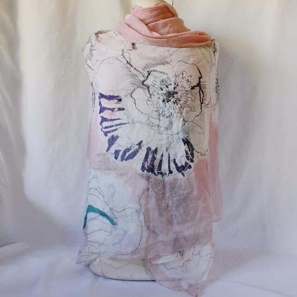 Women's Large Silky Light Pink & White Floral Sheer Scarf / Wrap With Raw Hem - Picture 1 of 10